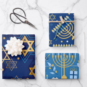 Hoja De Papel De Regalo Feliz Hanukkah Menorah Estrella Judía Velas