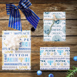 Hoja De Papel De Regalo Feliz Hanukkah Niños blancos azules nombran tipogr<br><div class="desc">Añada el nombre de su hijo a este lindo azul sobre blanco Happy Hanukkah typography (tipografía feliz de Hanukkah), papel de envoltura para darle un toque personalizado a su Festival de las Luces. La Hoja Uno presenta una mezcla de fuentes divertidas en varios tonos azules, desde la luz hasta la...</div>