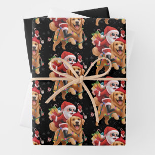 Hoja De Papel De Regalo Feliz Navidad 2025 Santa montando Golden Retriever