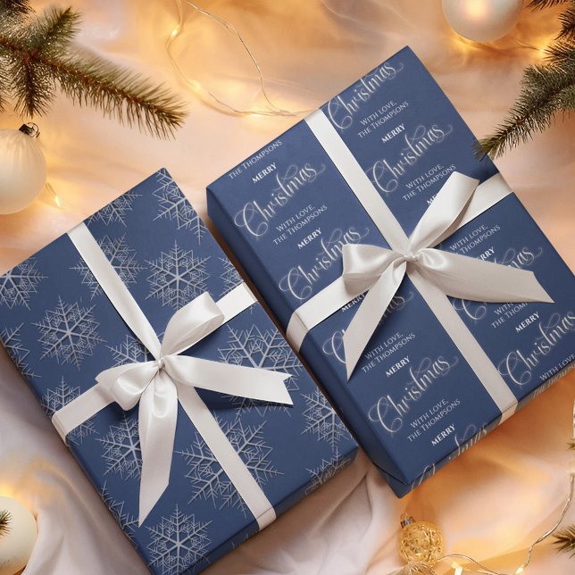 Hoja De Papel De Regalo Feliz navidad azul personalizado (Merry Christmas navy blue and silver wrapping paper. )