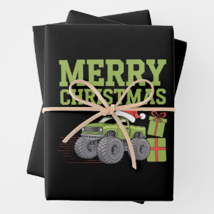 Hoja De Papel De Regalo Feliz Navidad Camión Monstruo Niño Xmas 