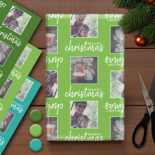 Hoja De Papel De Regalo Feliz Navidad con 2 fotos cuadradas - verde azul