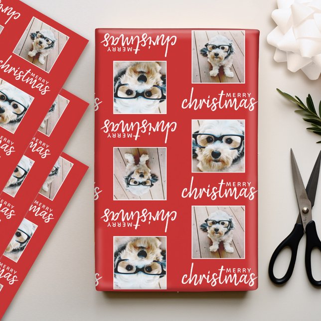 Hoja De Papel De Regalo Feliz Navidad con dos fotos cuadradas rojas (Personalized Photo Wrapping Paper)