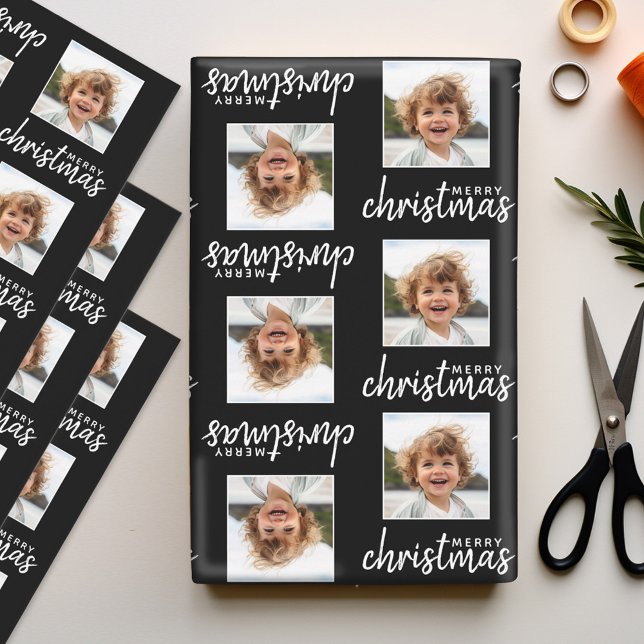 Hoja De Papel De Regalo Feliz Navidad con una foto cuadrada negra (Personalized Photo Wrapping Paper Sheets)