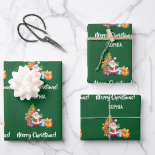 Hoja De Papel De Regalo Feliz Navidad Cute Santa Personaliza Nombre Verde