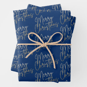 Hoja De Papel De Regalo Feliz Navidad en Lámina de Oro Falso Azul