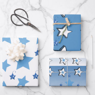 Hoja De Papel De Regalo Feliz Navidad Estrellas azules y blancas