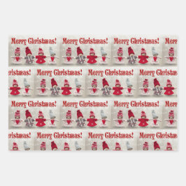 Hoja De Papel De Regalo Feliz Navidad Felices muñecas en rojo con nieve 3