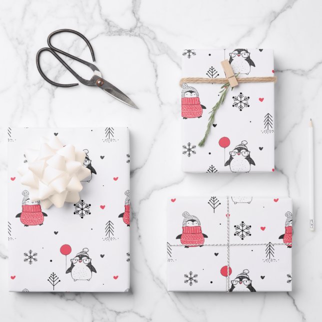 Hoja De Papel De Regalo Feliz Navidad feliz pingüino en blanco Gorra (Anverso)