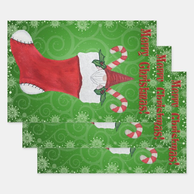 Hoja De Papel De Regalo Feliz Navidad Gnome Navidades rojos agitando el ba (Set)