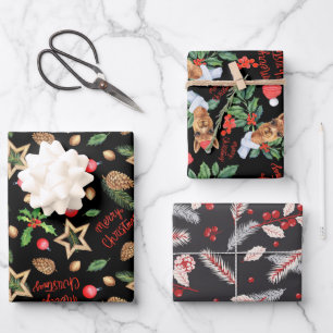 Hoja De Papel De Regalo Feliz Navidad Holly Red Fir Pine Cone Star Black