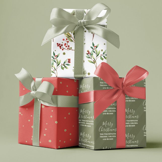 Hoja De Papel De Regalo Feliz Navidad Invierno Holly Greenery (With red holly berries and watercolor greenery. )