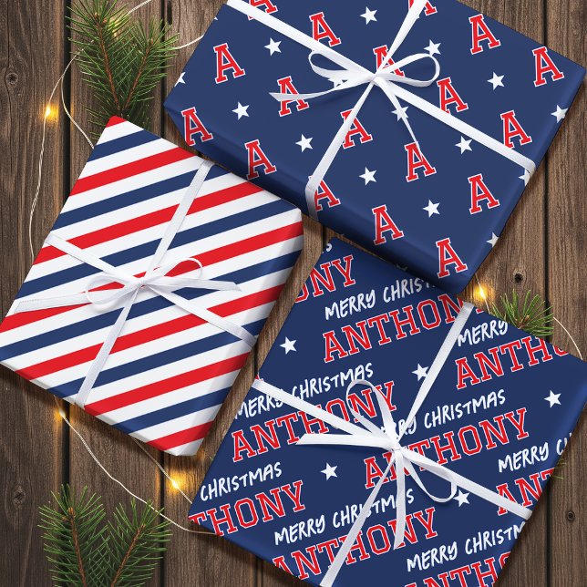 Hoja De Papel De Regalo Feliz Navidad Monograma Marina Niño Rojo (Subido por el creador)