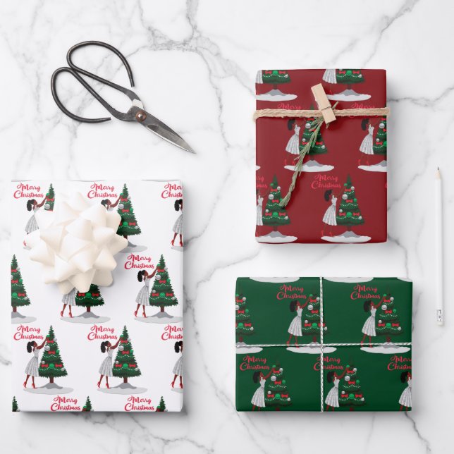 Hoja De Papel De Regalo Feliz Navidad, mujer afroamericana negra (Anverso)