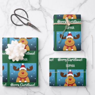 Hoja De Papel De Regalo Feliz Navidad Rudolph Reindeer nombre personalizad