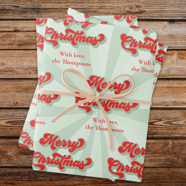 Hoja De Papel De Regalo Feliz Navidad Verde Rojo Whimsical Retro Personali (Bold retro styles typography red Merry Christmas Wrapping Paper)