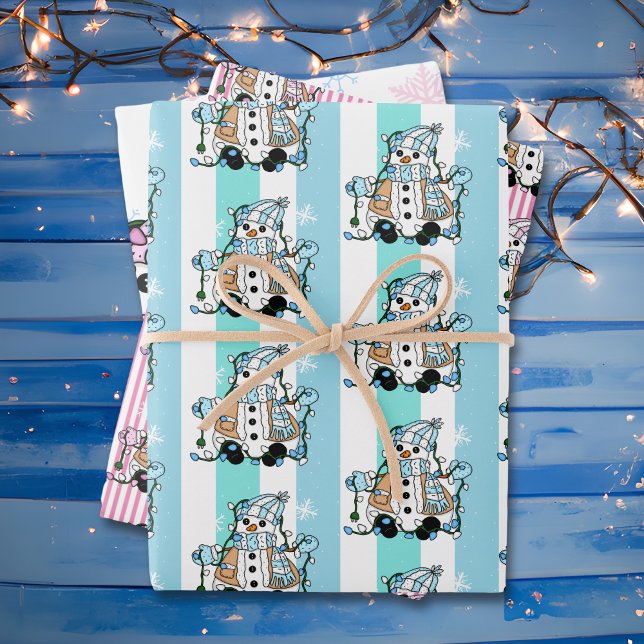 Hoja De Papel De Regalo Feliz Navidad Whimsical Pink Blue Snowmen (Subido por el creador)