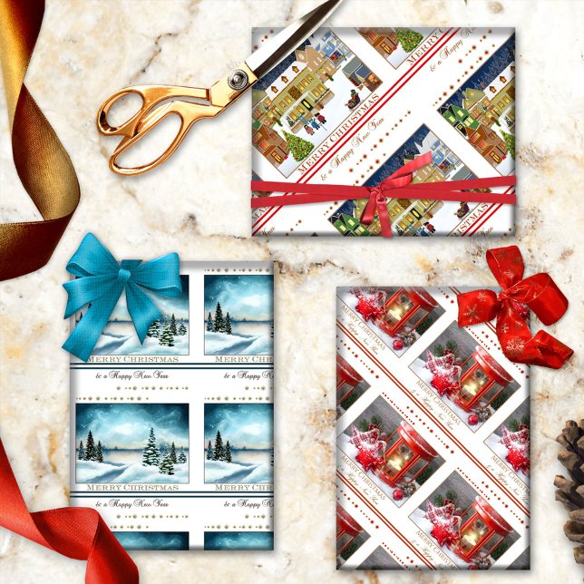 Hoja De Papel De Regalo Feliz Navidad y Feliz Año Nuevo (Festive Christmas and New Year wrapping paper sheets featuring colorful holiday designs)