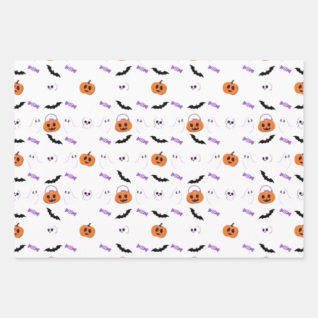 Hoja De Papel De Regalo Feliz Patrón de murciélago fantasma de las calabaz (Anverso)