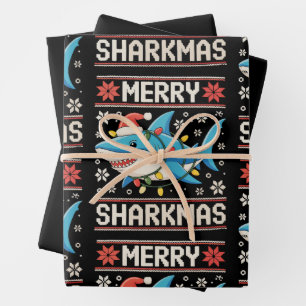 Hoja De Papel De Regalo Feliz Sharkmas Navidades de tiburón luces de Navid