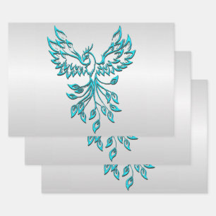 Hoja De Papel De Regalo Fénix azul verde azulado sobre plata