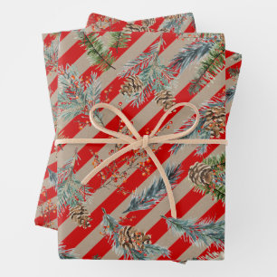 Hoja De Papel De Regalo Feria Roja Raya Pine Spruce Conos Kraft Fiesta