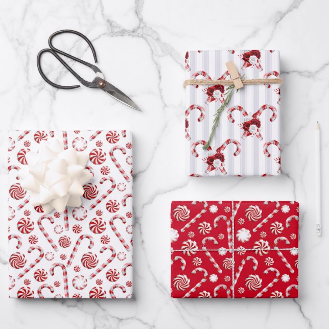 Hoja De Papel De Regalo Feriado de Candy Canes de Navidades blancos rojos (Anverso)