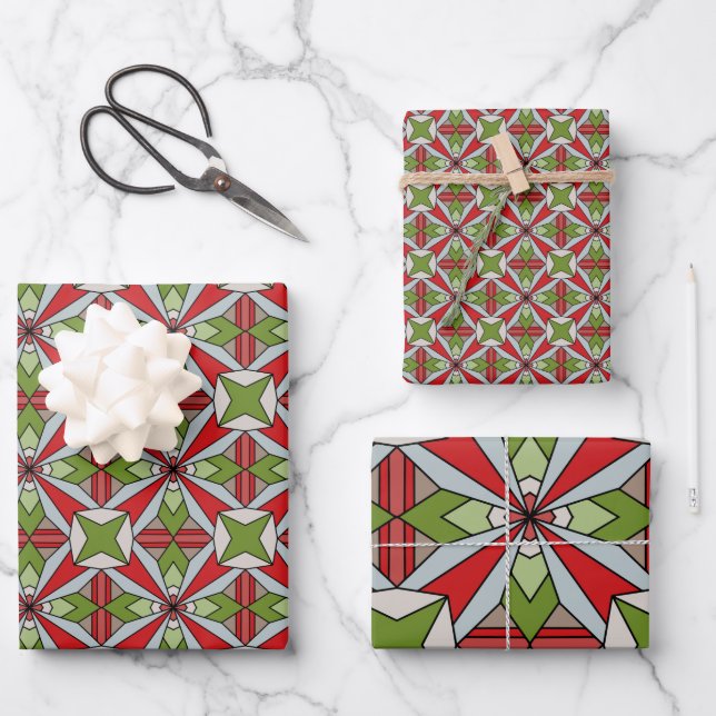 Hoja De Papel De Regalo Feriados geométricos rojo y verde (Anverso)