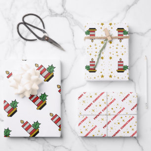 Hoja De Papel De Regalo Feriados navidades Dorado Estrellas Velas Purpurin