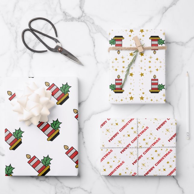 Hoja De Papel De Regalo Feriados navidades Dorado Estrellas Velas Purpurin (Anverso)