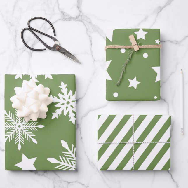 HOJA DE PAPEL DE REGALO FESTIVAL BLANCO VERDE SNOWFLAKES STARS STRIPES (Anverso)