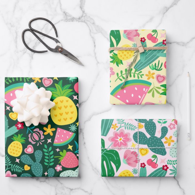 Hoja De Papel De Regalo Festival Tropical de Frutas y Cactus (Anverso)