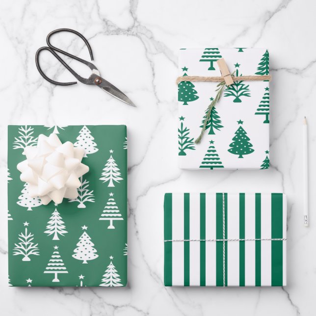 Hoja De Papel De Regalo Festive Green and White Christmas Tree Pattern (Anverso)