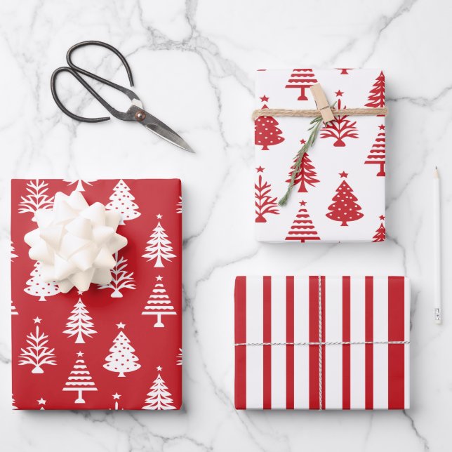 Hoja De Papel De Regalo Festive Red and White Christmas Tree Pattern (Anverso)