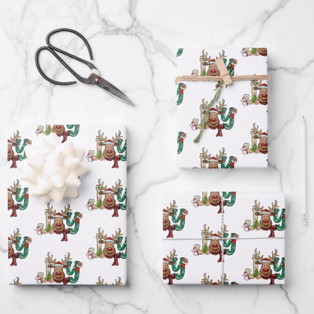 Hoja De Papel De Regalo Festividad de los Navidades divertidos de los reno (Anverso)