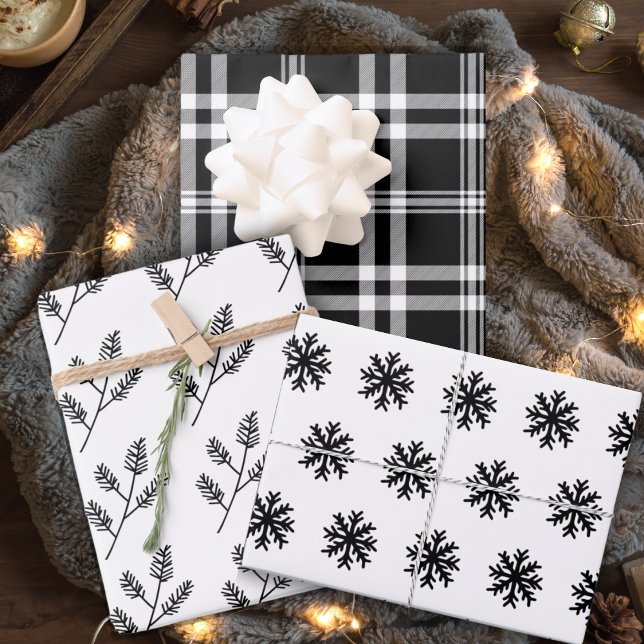 Hoja De Papel De Regalo Festividades clásicas de Navidades blancos y negro (Classic Black And White Christmas Holiday Wrapping Paper Sheets)