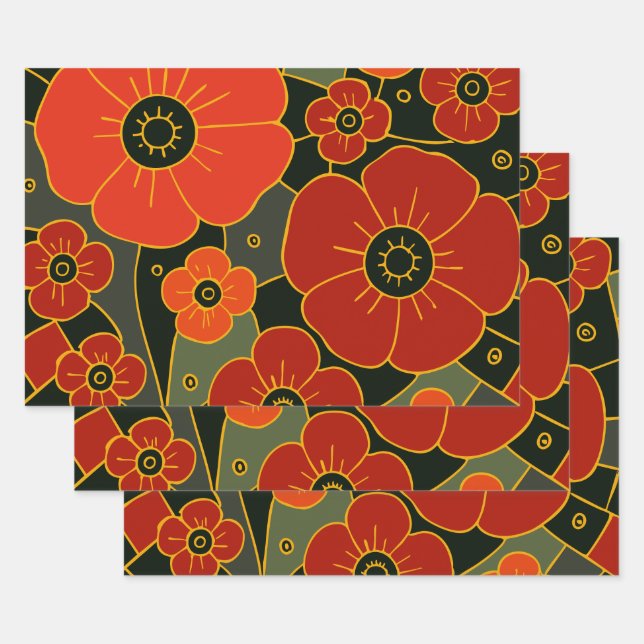 Hoja De Papel De Regalo Fiery Garden – Stylized Poppy Bloom (Set)
