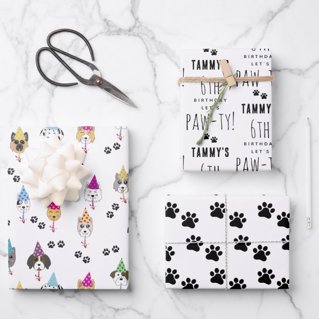 Hoja De Papel De Regalo Fiesta De Cumpleaños De Pawty Cute Perros Nombre P (Anverso)