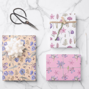 Hoja De Papel De Regalo Fiesta de flores florales moradas de color blanco 