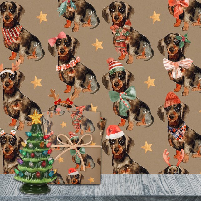 Hoja De Papel De Regalo Fiesta de Navidades Rustic Kraft Dachshunds (Rustic Kraft Dachshunds Christmas Party Holiday Gift Wrapping Paper Sheets Trio)