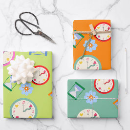 Hoja De Papel De Regalo Fiesta de relojes y flores