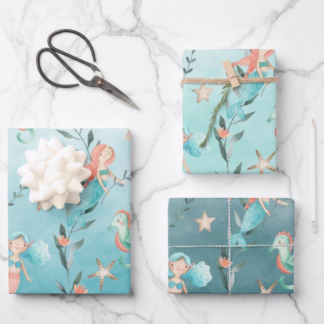 Hoja De Papel De Regalo Fiesta De Sirenas Bajo El Mar Azul Del Caribe (Anverso)