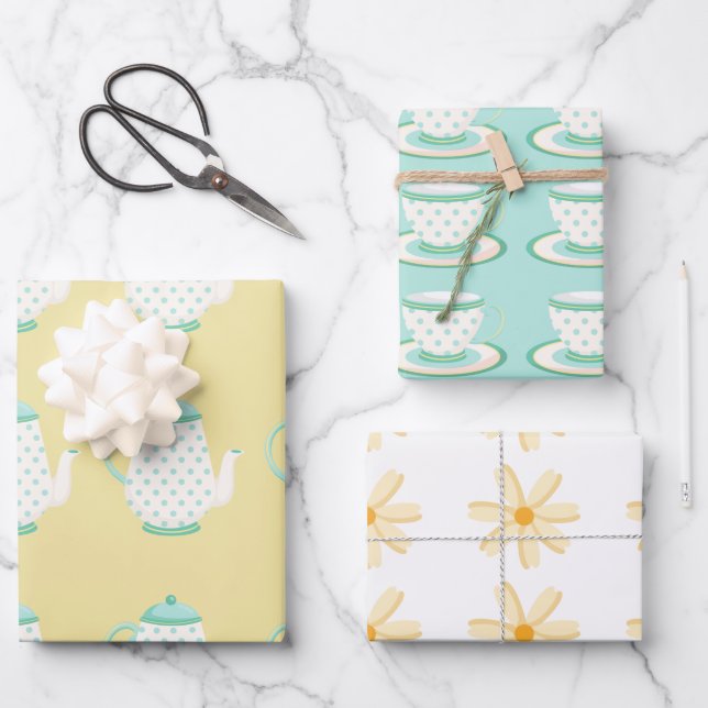 Hoja De Papel De Regalo Fiesta de té de primavera turquesa y amarillo (Anverso)