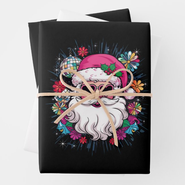 Hoja De Papel De Regalo Fiesta divertida de navidad en disco rosa Santa Na (In situ)