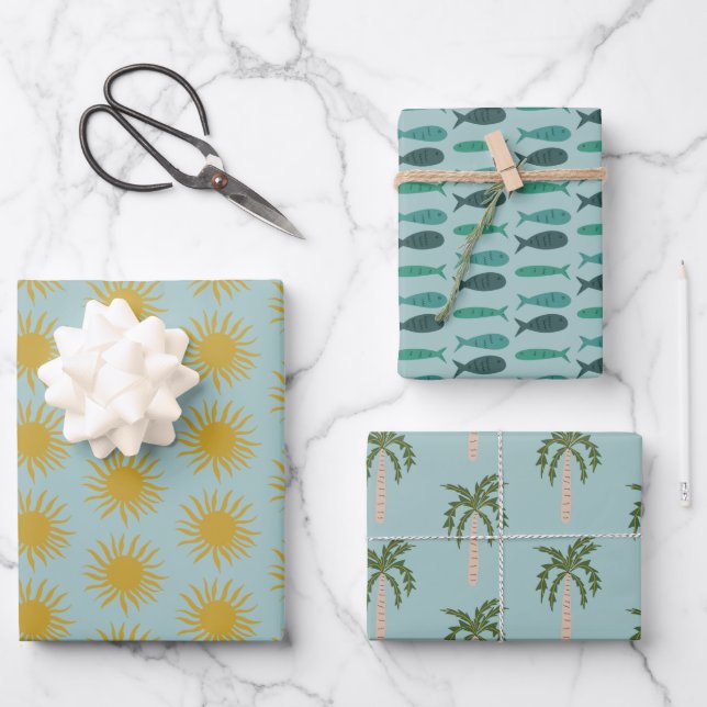 Hoja De Papel De Regalo Fiesta en la playa Palmeras Peces Soles Lindos PER (Anverso)