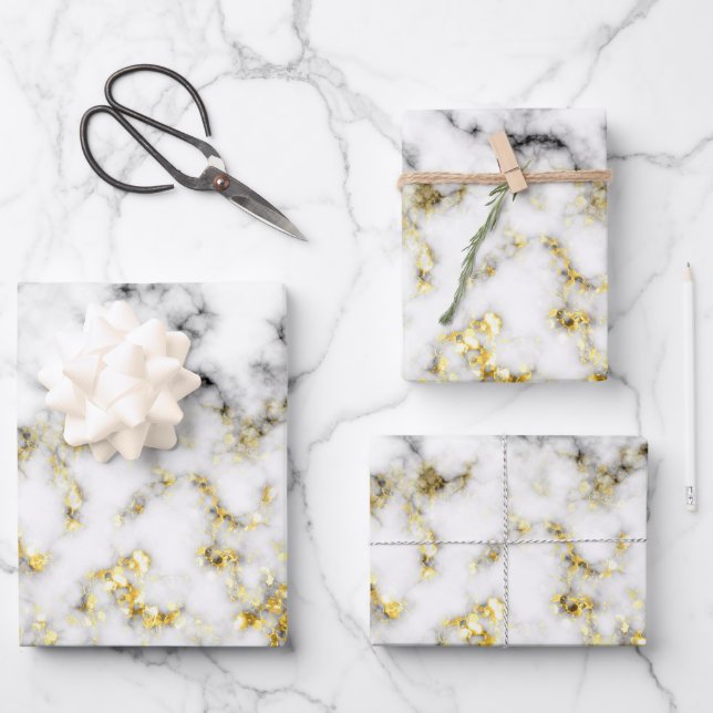 Hoja De Papel De Regalo Flakes de oro de mármol blanco y negro (Anverso)