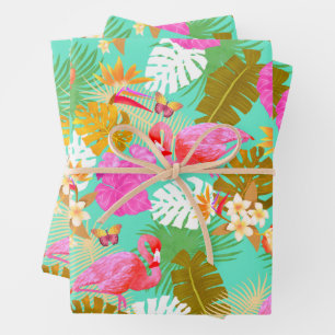 Hoja De Papel De Regalo Flamingo Garden Verde azulado