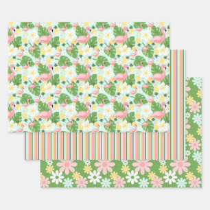 Hoja De Papel De Regalo Flamingo Tropical Retro Daisy Flower Stripes Wrapp