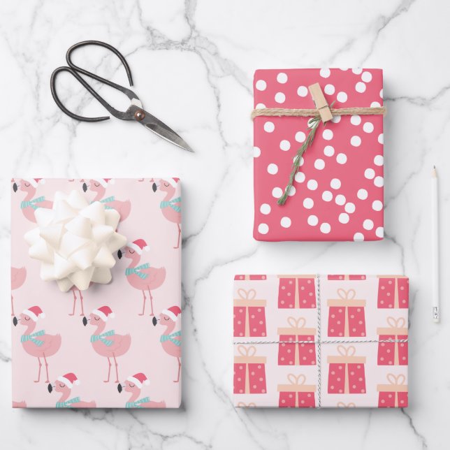 Hoja De Papel De Regalo Flamingos, presentes y polkadots - Navidades amabl (Anverso)
