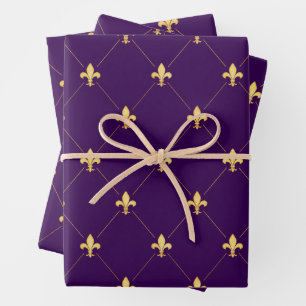Hoja De Papel De Regalo Fleur-de-Lis de oro en morado oscuro